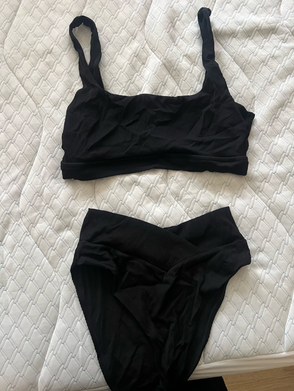 Black Ribbed Two-Piece Bikini Set - Women's Swim Top & High-Waist Bottom